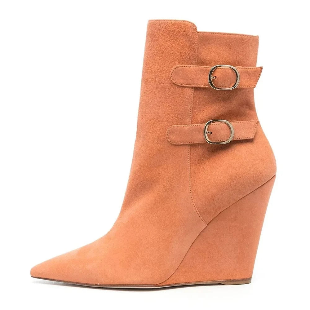 US12/Eur43 / Orange Winter Suede Wedge Boots Heel Ladies Orange Booties Woman Ankle Boots Sexy Short Boots For Ladies Heels Women