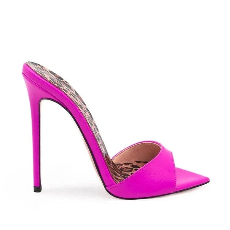 US13/Eur44 / Rose Red 2024 Designer High Quality Pointed Leopard Print Stiletto Women Slippers Fashion Sexy Luxury High Heels Sandals For Women