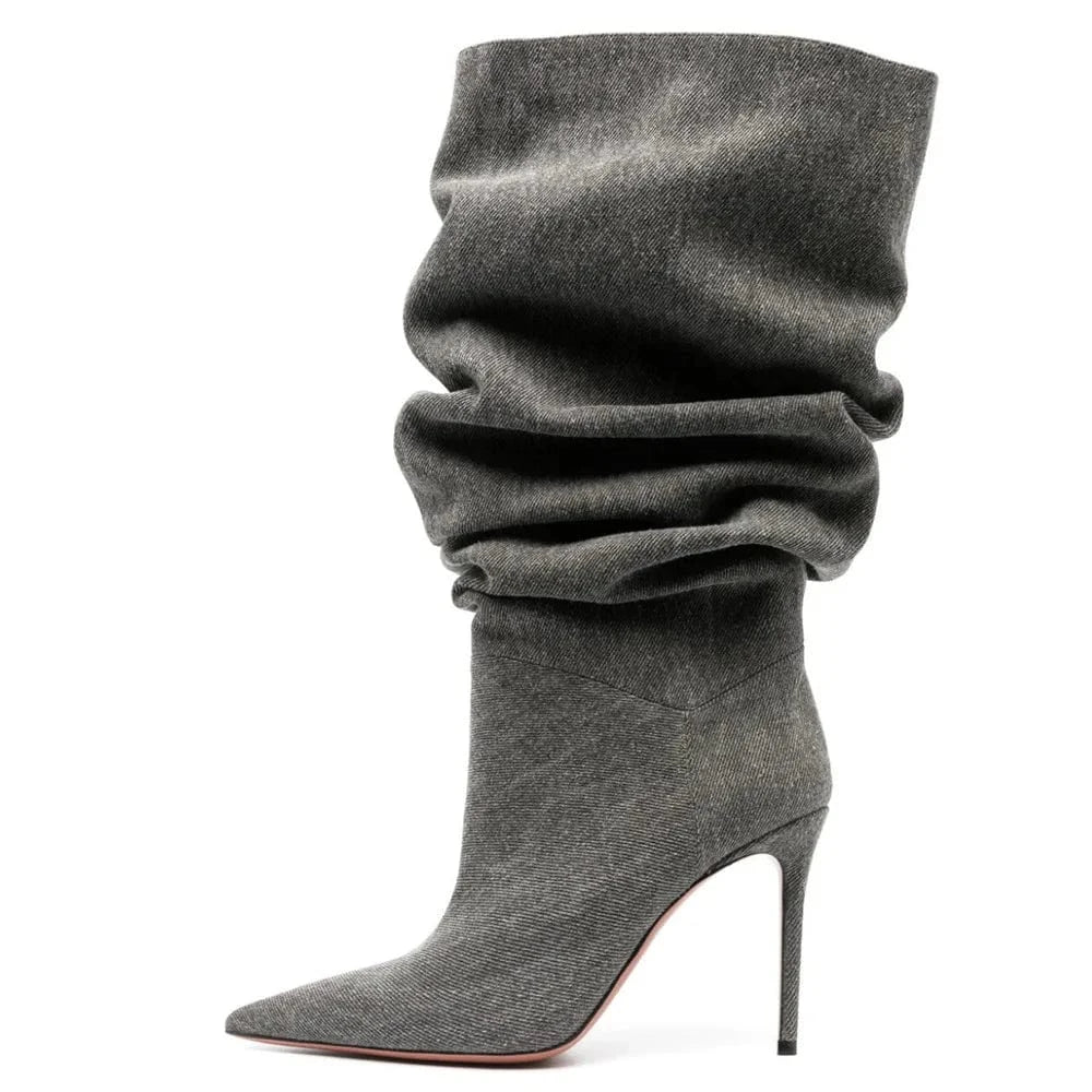 US14/Eur45 / Black Custom Cowboy Pleated Boots For Women Anti-slipper Women Knee Boots High Heel Ladies Winter Platform Boots Thin Heel Shoes