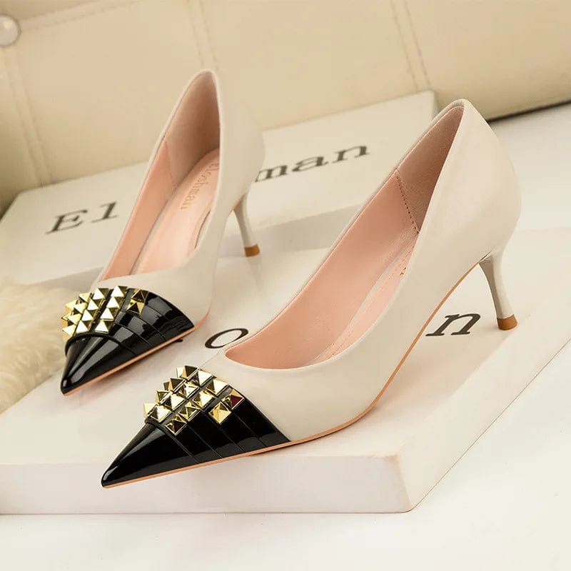 US4-4.5/Eur34 / Black gray Sexy Slim High Heels Shoes Women Shoes Ladies Pump Shoes Thin Heels Shallow Pointed Rivet Ladies PU Rubber Solid Peep-toe Pumps