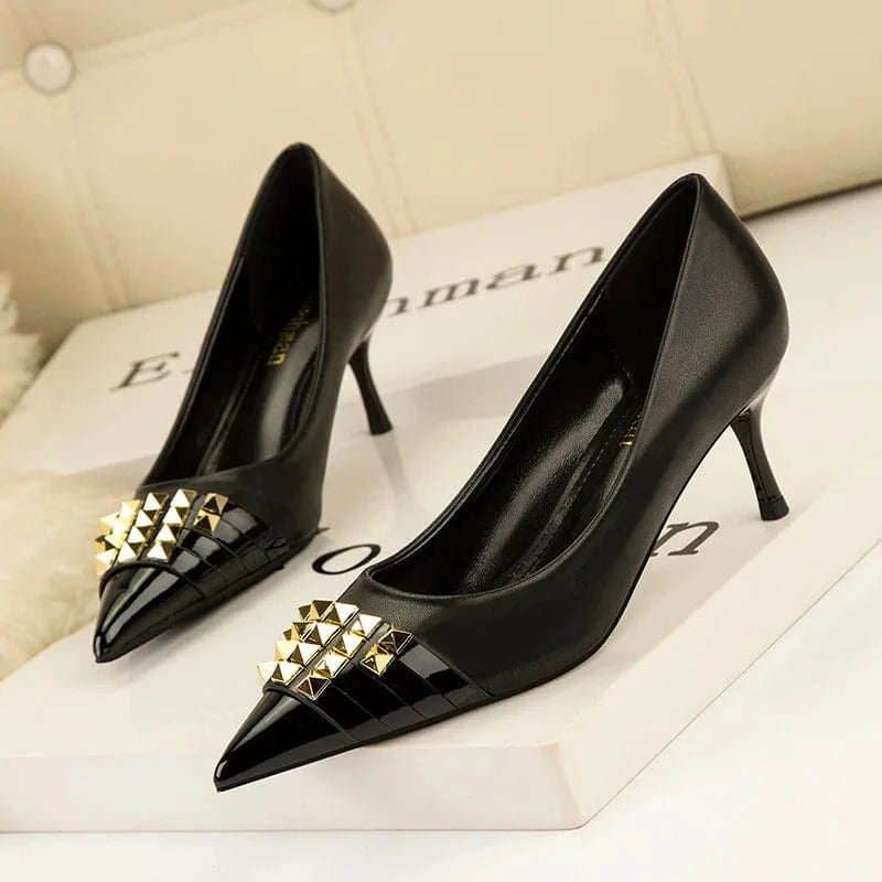 US4-4.5/Eur34 / Black Sexy Slim High Heels Shoes Women Shoes Ladies Pump Shoes Thin Heels Shallow Pointed Rivet Ladies PU Rubber Solid Peep-toe Pumps