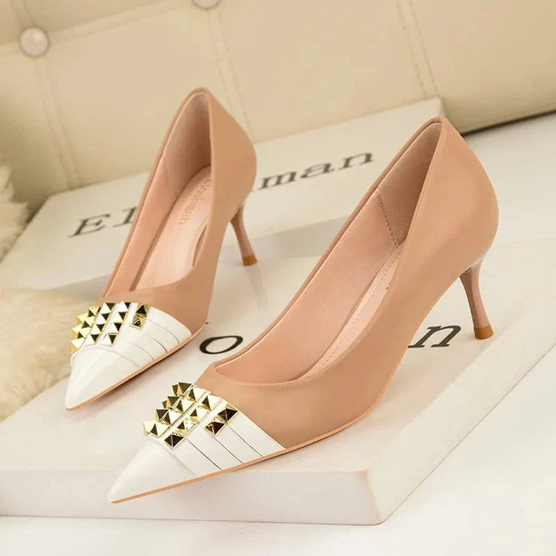 US4-4.5/Eur34 / White nude Sexy Slim High Heels Shoes Women Shoes Ladies Pump Shoes Thin Heels Shallow Pointed Rivet Ladies PU Rubber Solid Peep-toe Pumps