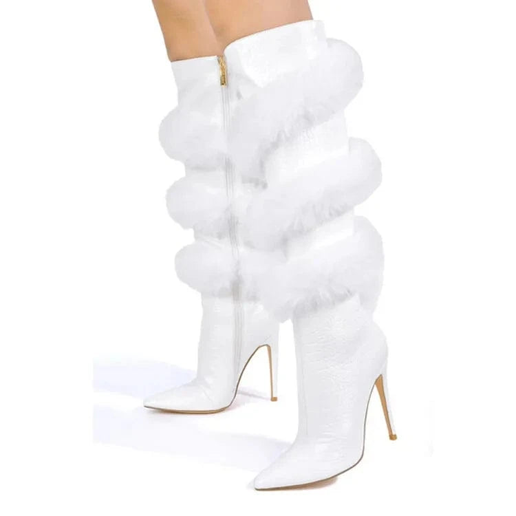 US5-5.5/Eur35 / Brown Winter Boots For Women Pointed Toe Knee Length Boots Party Dress Furry Boots Women Shoes
