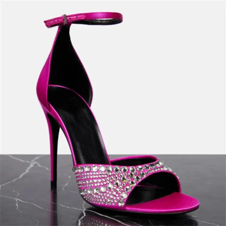 US5-5.5/Eur35 / Rose red New Green Fashion 2023 Femme Heels Hollow Stiletto Sandals For Women Pointed Rhinestone Heel Sexy Party Pumps High Heels