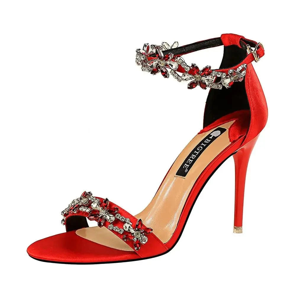 US5/Eur35 / Red Latest Design High Quality Big Tree Shoes Sandals Elegant Pencil Stiletto Women Pumps Simple Luxury Ladies Pumps PU Ankle Strap