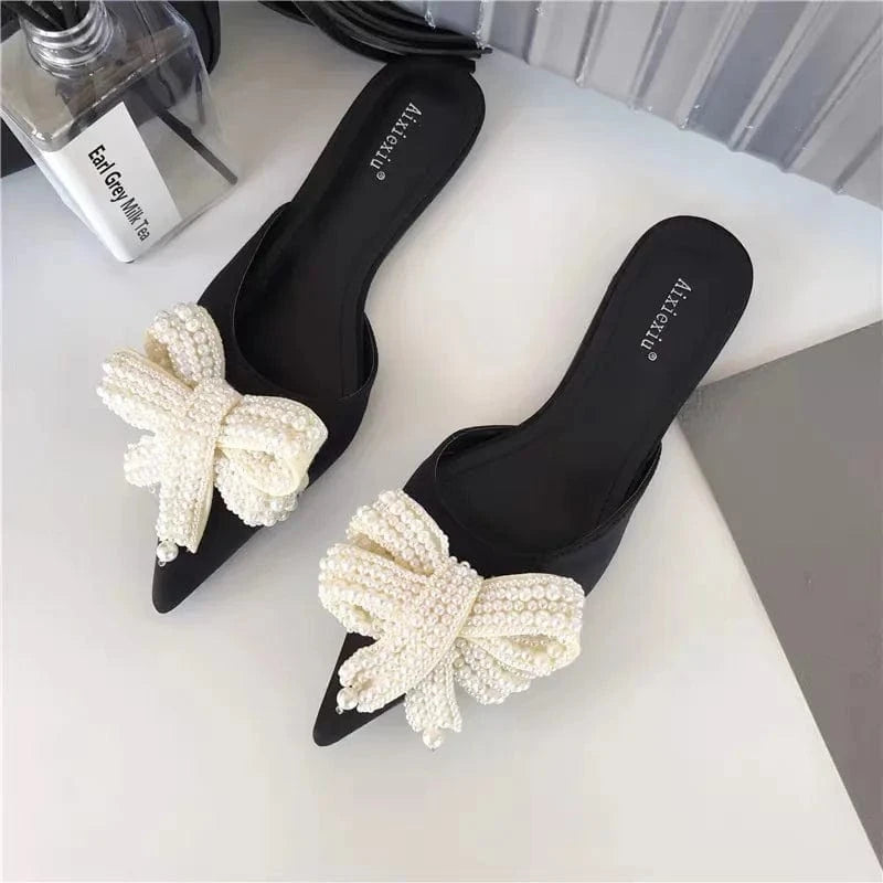 US6/Eur36 / Black Chaussures Talon 5CM Slippers Slides Pearl Trending Short Kitten Female Ladies Pumps Heels
