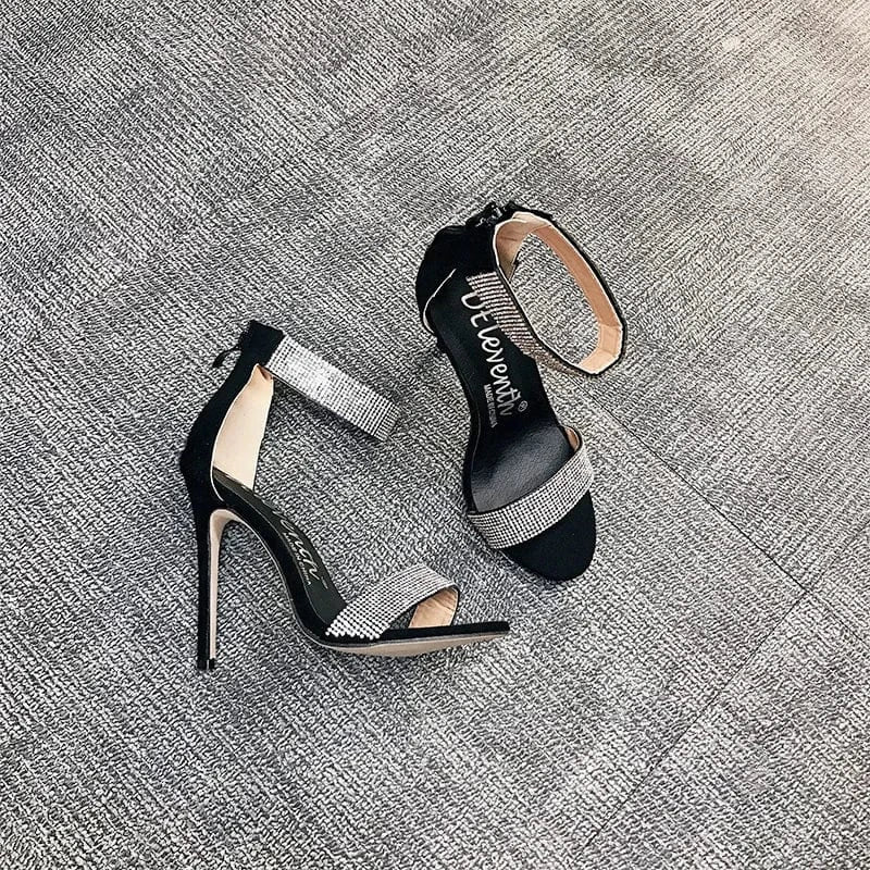 US7=EUR38 / Black Deleventh shoes 101977  Wholesale Ladies Dress Shoes Zipper heeled Sandals High Heels Party Shoes Black Apricot Rhinestone heels