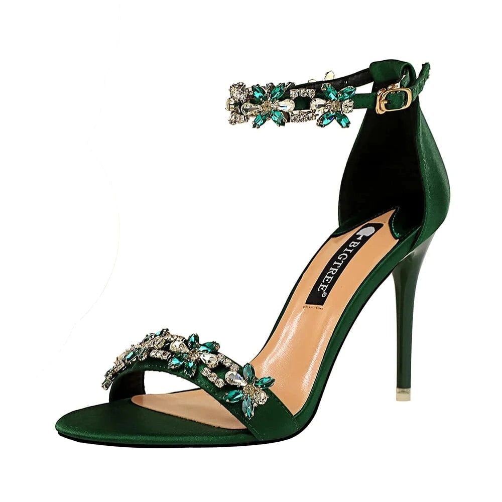 US8.5/Eur39 / Green Latest Design High Quality Big Tree Shoes Sandals Elegant Pencil Stiletto Women Pumps Simple Luxury Ladies Pumps PU Ankle Strap