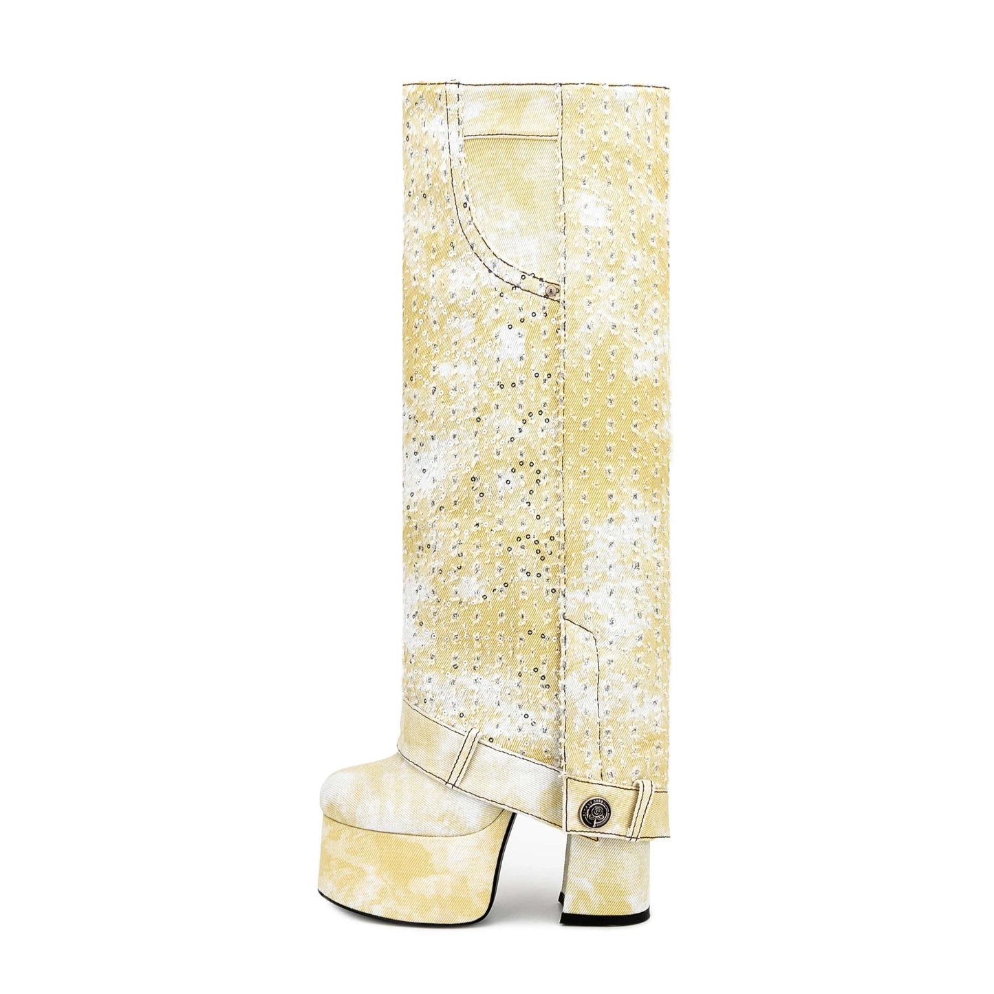 US9-9.5/Eur39 / Yellow European And American Sexy Thick Heel Elegant High-heeled Women's Boots Party Shoes For Lady Cuff Pipe Knee High Boots Women