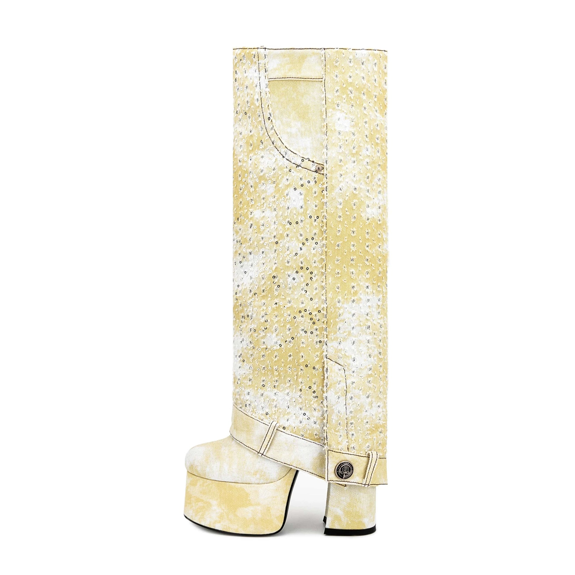 US9-9.5/Eur39 / Yellow European And American Sexy Thick Heel Elegant High-heeled Women's Boots Party Shoes For Lady Cuff Pipe Knee High Boots Women