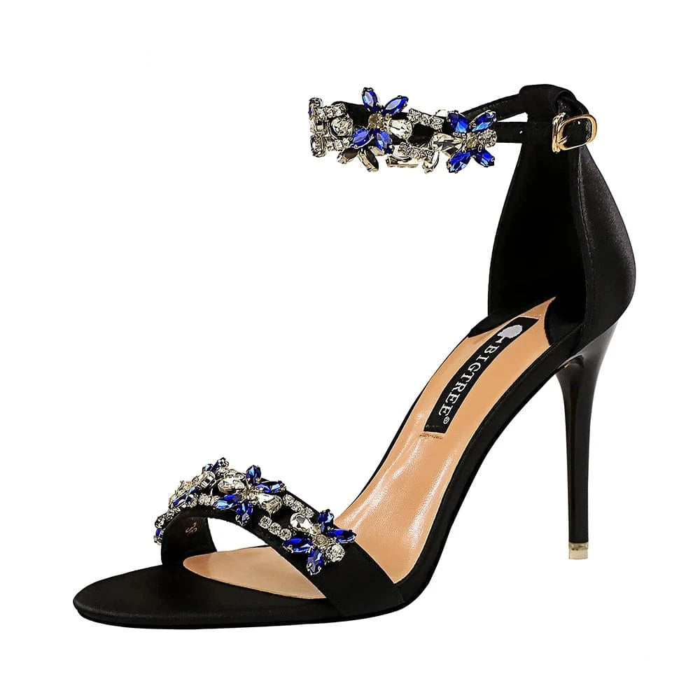 US9/Eur40 / Black Latest Design High Quality Big Tree Shoes Sandals Elegant Pencil Stiletto Women Pumps Simple Luxury Ladies Pumps PU Ankle Strap