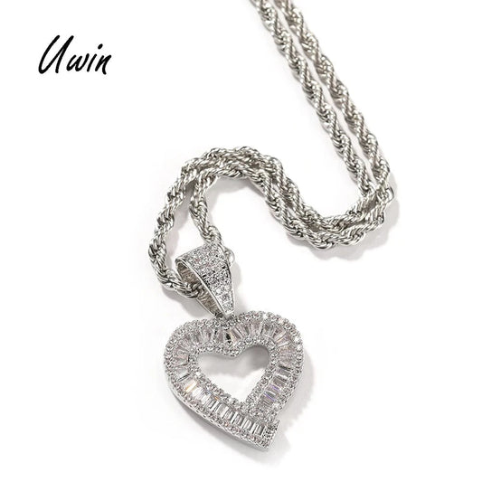 UWIN Hip Hop Hollow Heart Pendant Iced Out Mini Size CZ Brass Heart Charm Pendant Necklace Jewelry Gift Ready to Ship