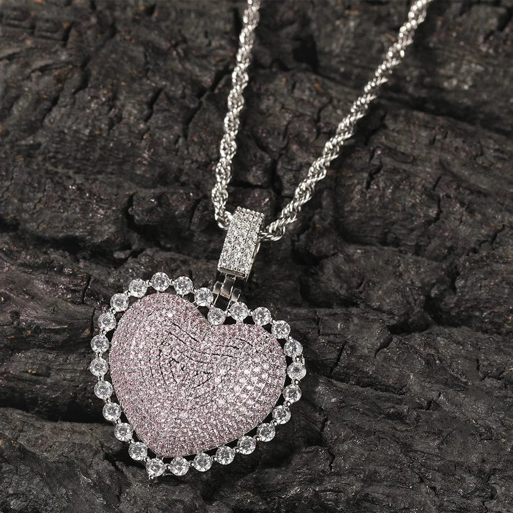 UWIN Pink CZ Heart Shape Chain Pendant Iced Pink Oil Earring Hiphop Women Necklace Rapper Fashion Jewelry Set