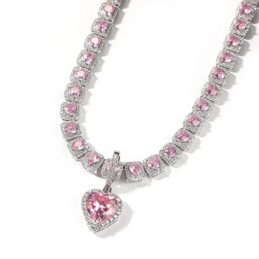 UWIN Pink CZ Heart Shape Chain Pendant Iced Pink Oil Earring Hiphop Women Necklace Rapper Fashion Jewelry Set