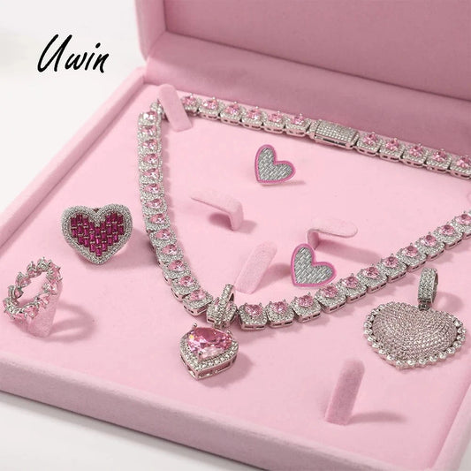 UWIN Pink CZ Heart Shape Chain Pendant Iced Pink Oil Earring Hiphop Women Necklace Rapper Fashion Jewelry Set