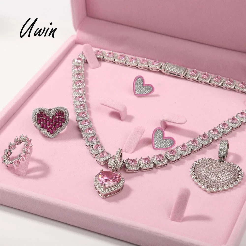 UWIN Pink CZ Heart Shape Chain Pendant Iced Pink Oil Earring Hiphop Women Necklace Rapper Fashion Women Jewelry Set
