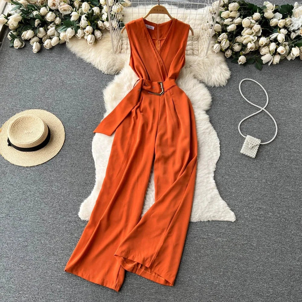 V-neck Solid Casual Long Jumpsuits Autumn Jump Suits Ladies Elegant Overalls One Piece Wholesale