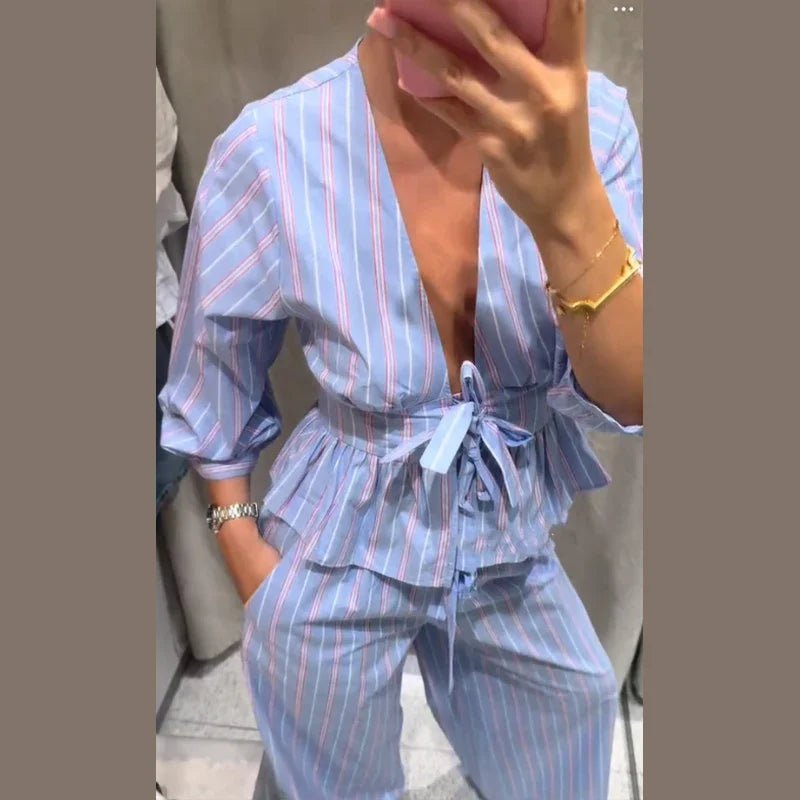 V - Neck Two - Piece Pant Set - SN Wigs & More