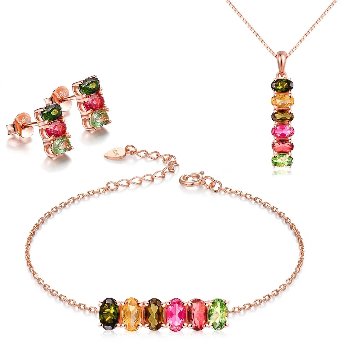 V006-2 V006 Multi-Color Oval Gemstone Tourmaline 925 Sterling Silver Earrings Ring Bracelet And Necklace Jewelry Set For Women