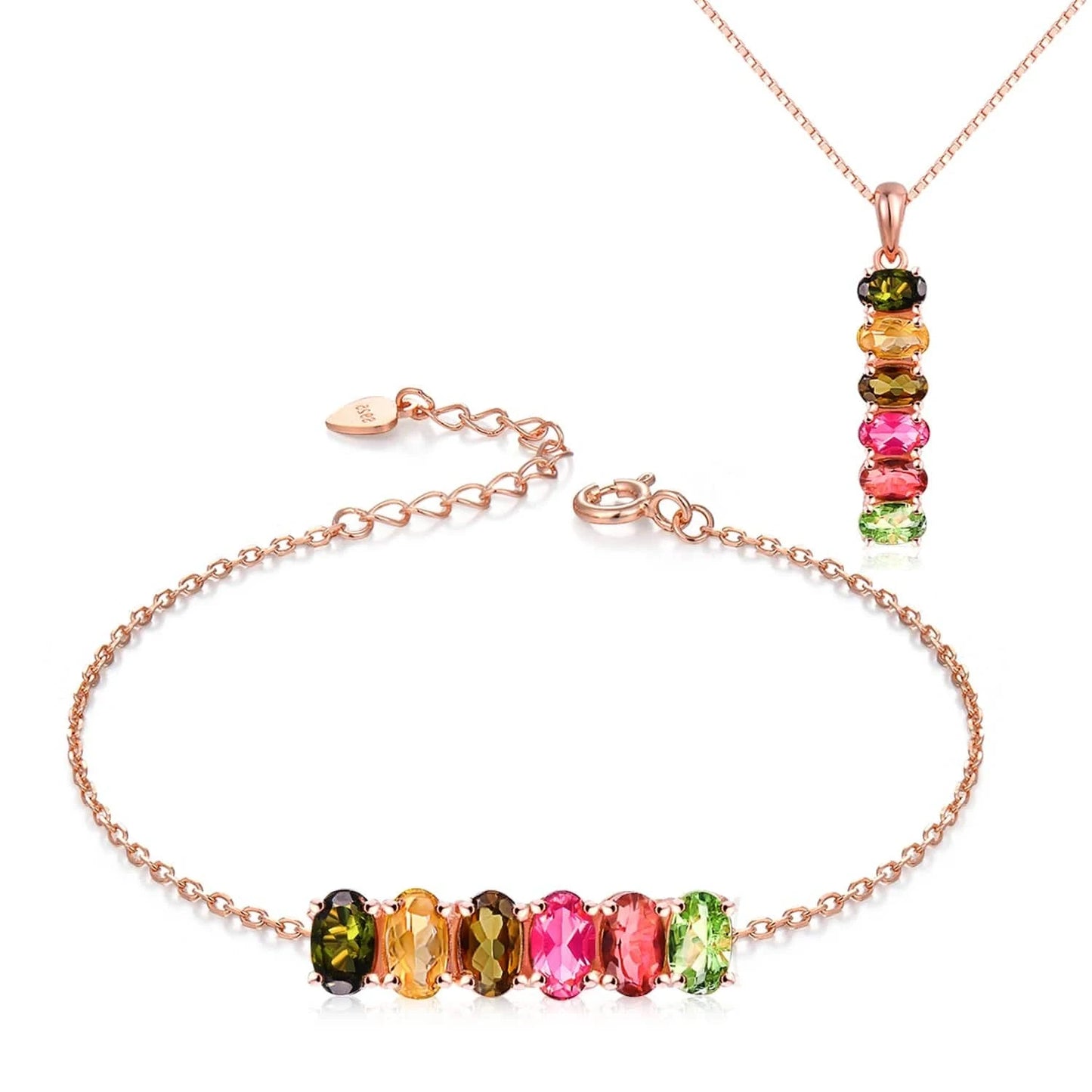 V006-8 V006 Multi-Color Oval Gemstone Tourmaline 925 Sterling Silver Earrings Ring Bracelet And Necklace Jewelry Set For Women