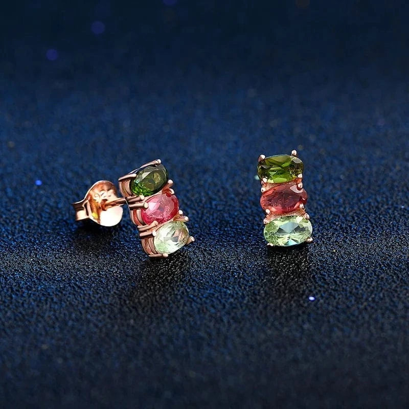 V006 Multi-Color Oval Gemstone Tourmaline 925 Sterling Silver Earrings Ring Bracelet And Necklace Jewelry Set For Women