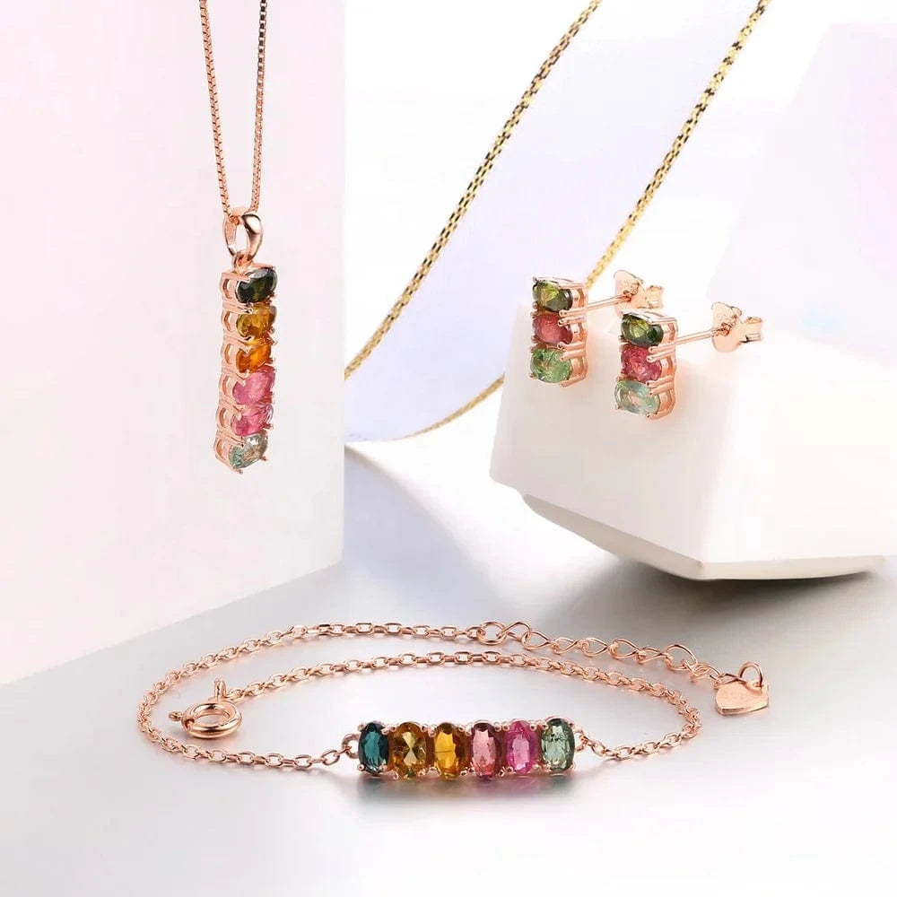 V006 Multi-Color Oval Gemstone Tourmaline 925 Sterling Silver Earrings Ring Bracelet And Necklace Jewelry Set For Women