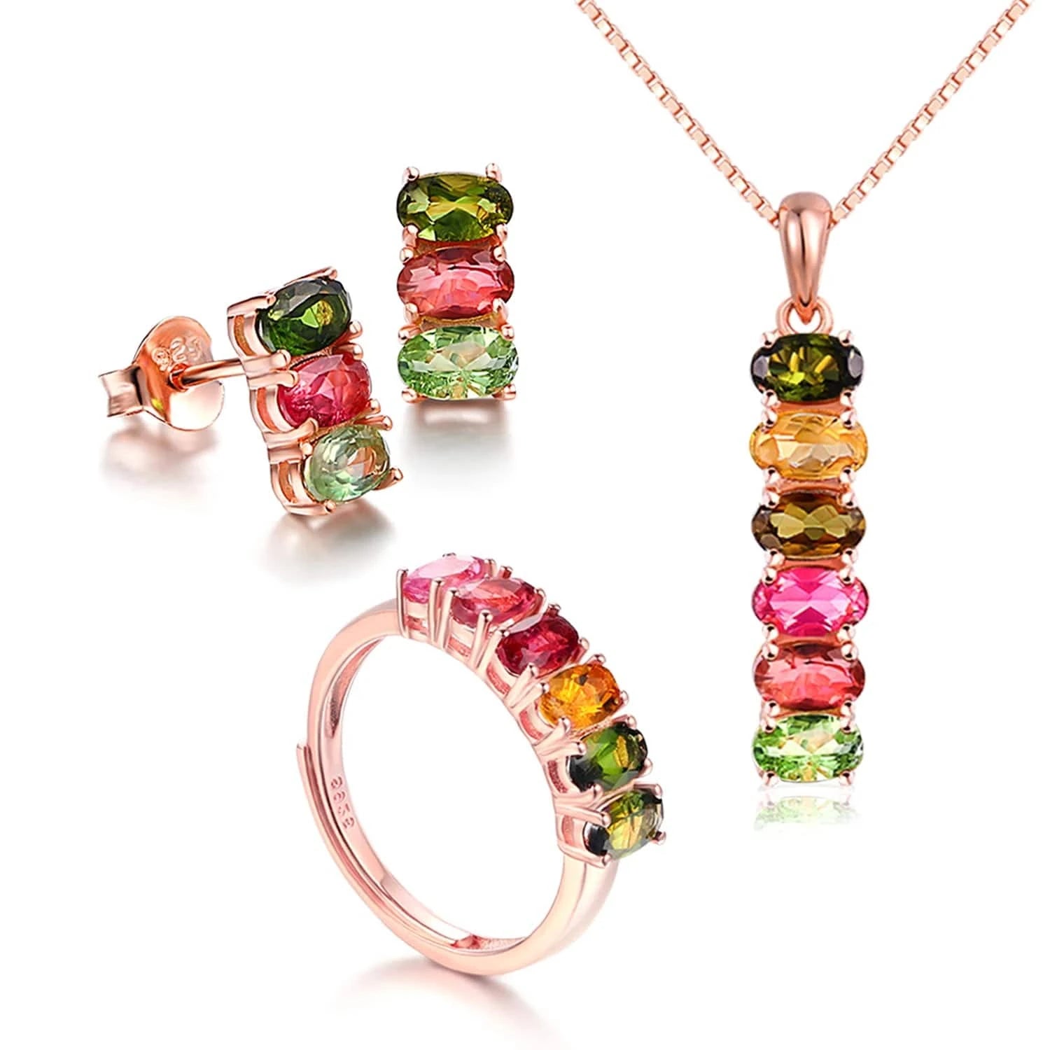 V006 Multi-Color Oval Gemstone Tourmaline 925 Sterling Silver Earrings Ring Bracelet And Necklace Jewelry Set For Women