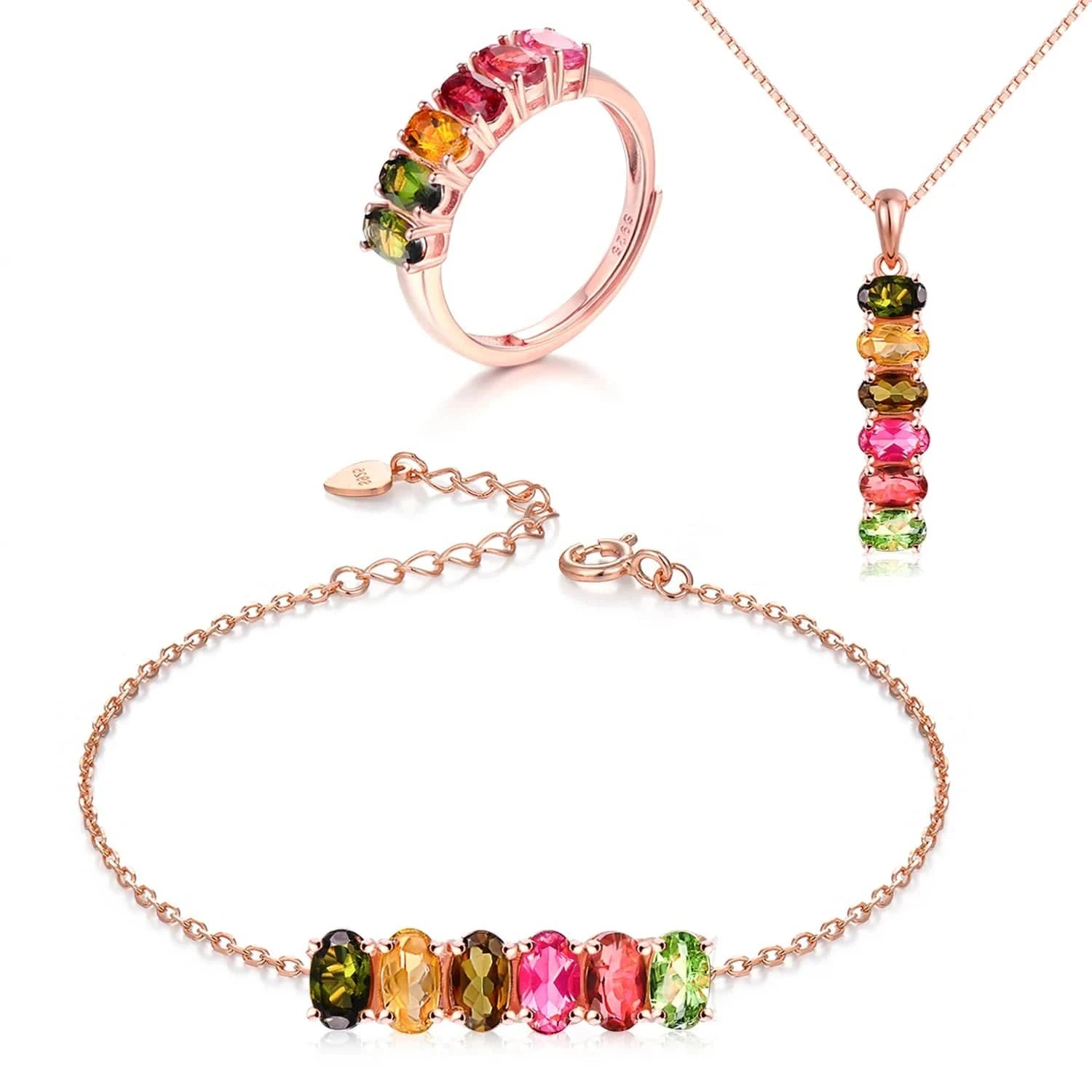 V006 Multi-Color Oval Gemstone Tourmaline 925 Sterling Silver Earrings Ring Bracelet And Necklace Jewelry Set For Women