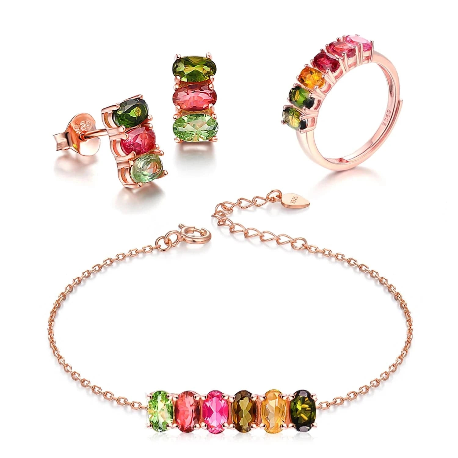 V006 Multi-Color Oval Gemstone Tourmaline 925 Sterling Silver Earrings Ring Bracelet And Necklace Jewelry Set For Women