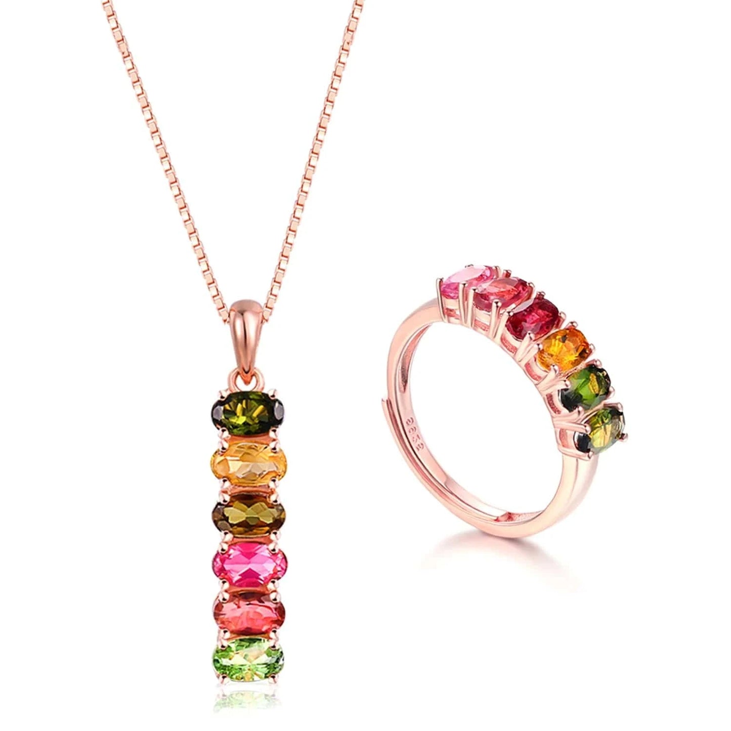 V006 Multi-Color Oval Gemstone Tourmaline 925 Sterling Silver Earrings Ring Bracelet And Necklace Jewelry Set For Women