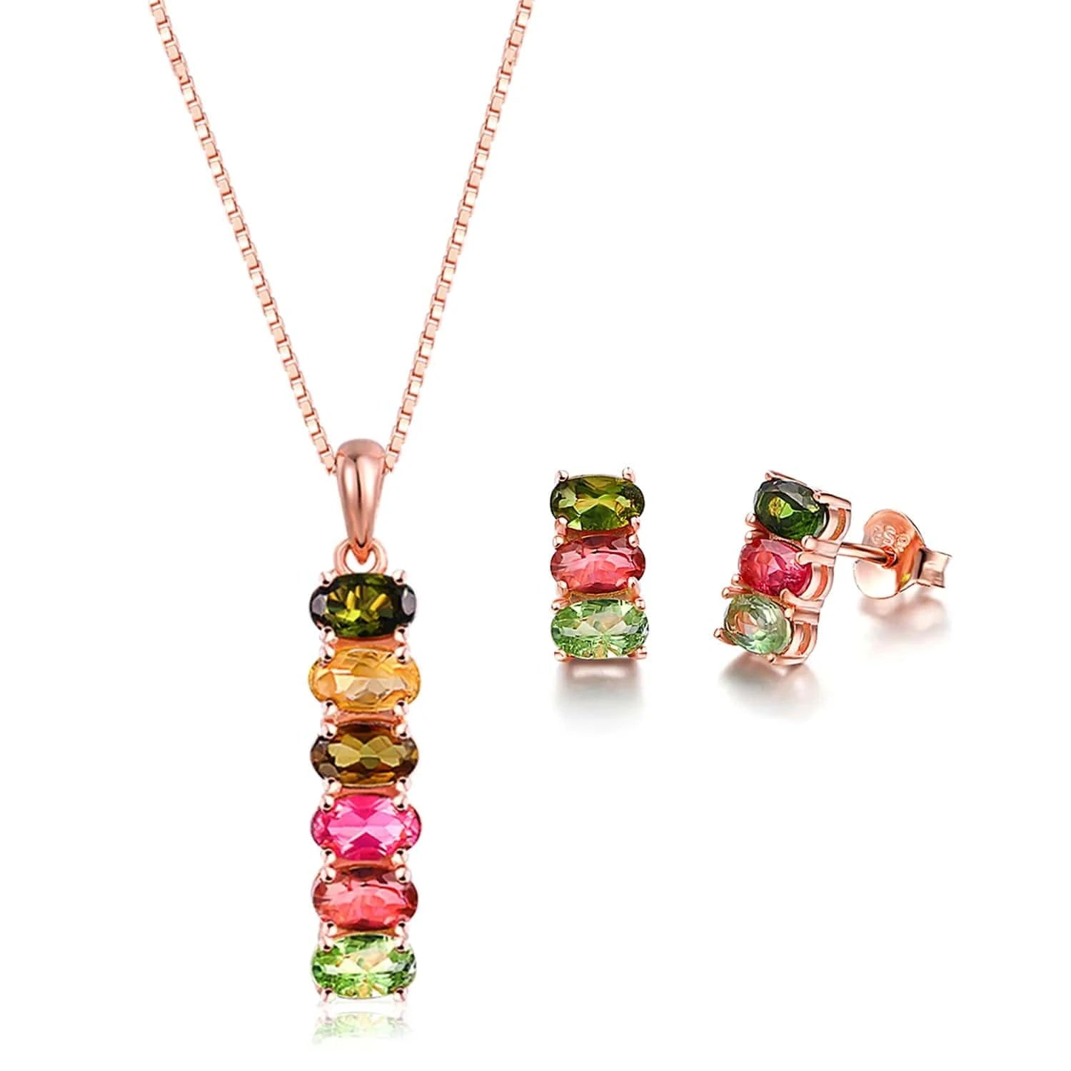 V006 Multi-Color Oval Gemstone Tourmaline 925 Sterling Silver Earrings Ring Bracelet And Necklace Jewelry Set For Women
