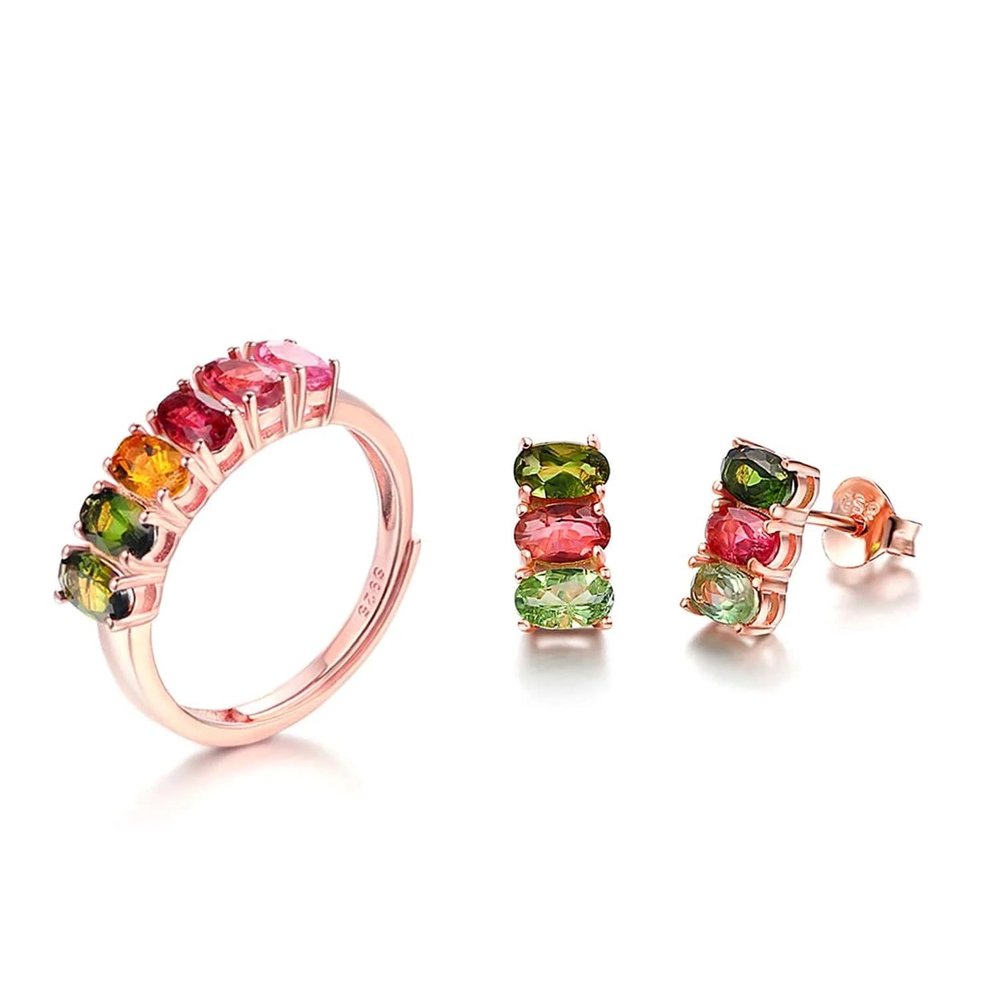 V006 Multi-Color Oval Gemstone Tourmaline 925 Sterling Silver Earrings Ring Bracelet And Necklace Jewelry Set For Women