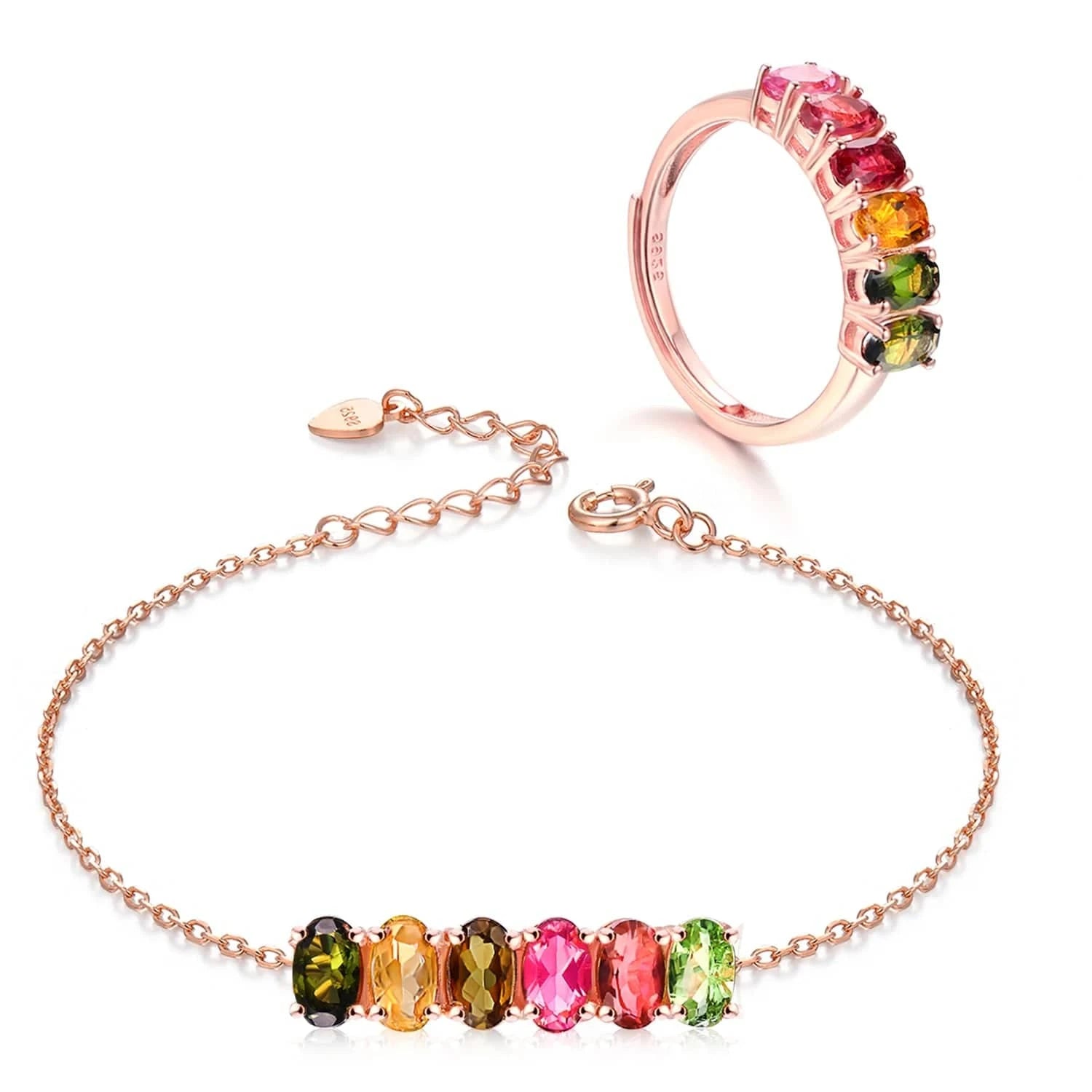 V006 Multi-Color Oval Gemstone Tourmaline 925 Sterling Silver Earrings Ring Bracelet And Necklace Jewelry Set For Women