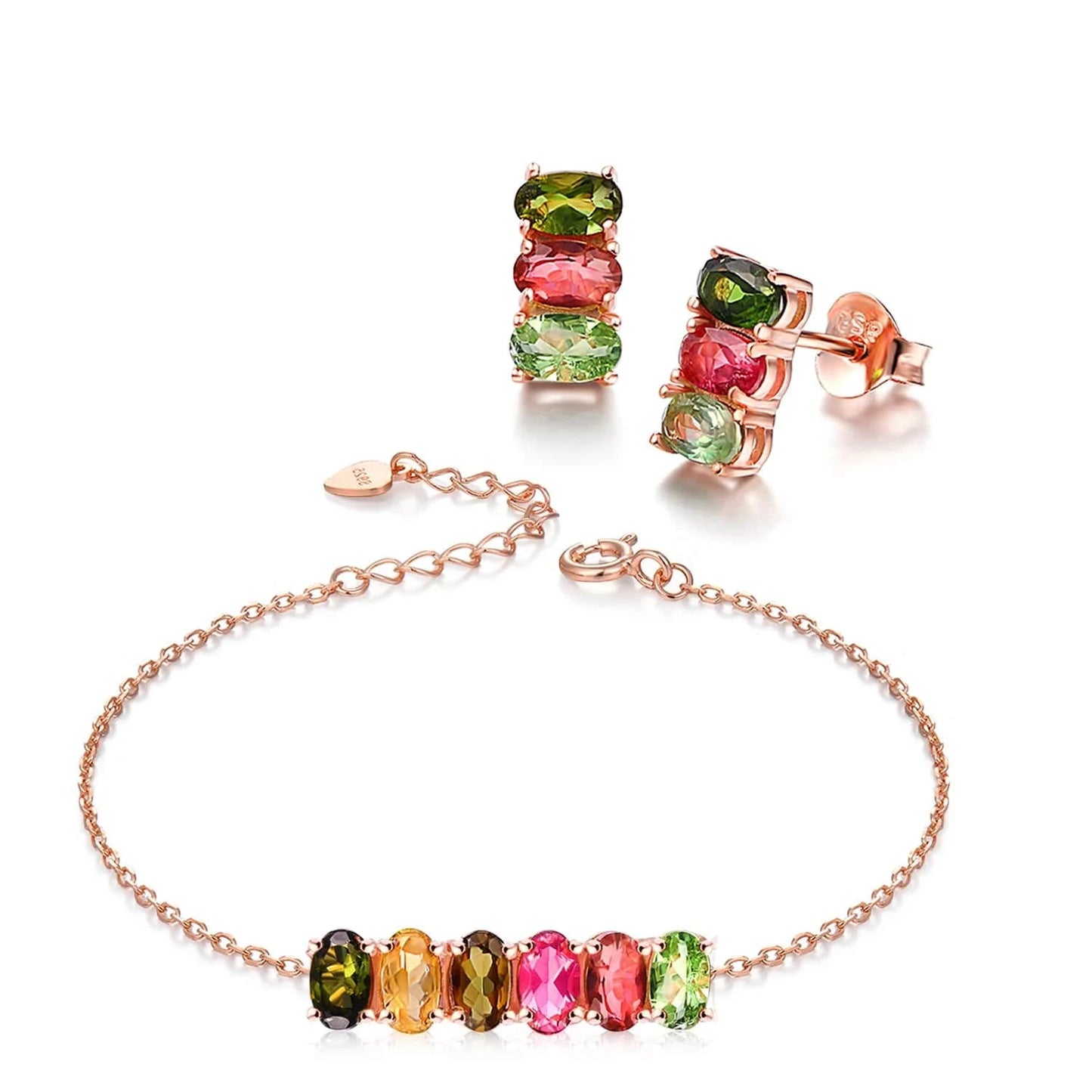 V006 Multi-Color Oval Gemstone Tourmaline 925 Sterling Silver Earrings Ring Bracelet And Necklace Jewelry Set For Women