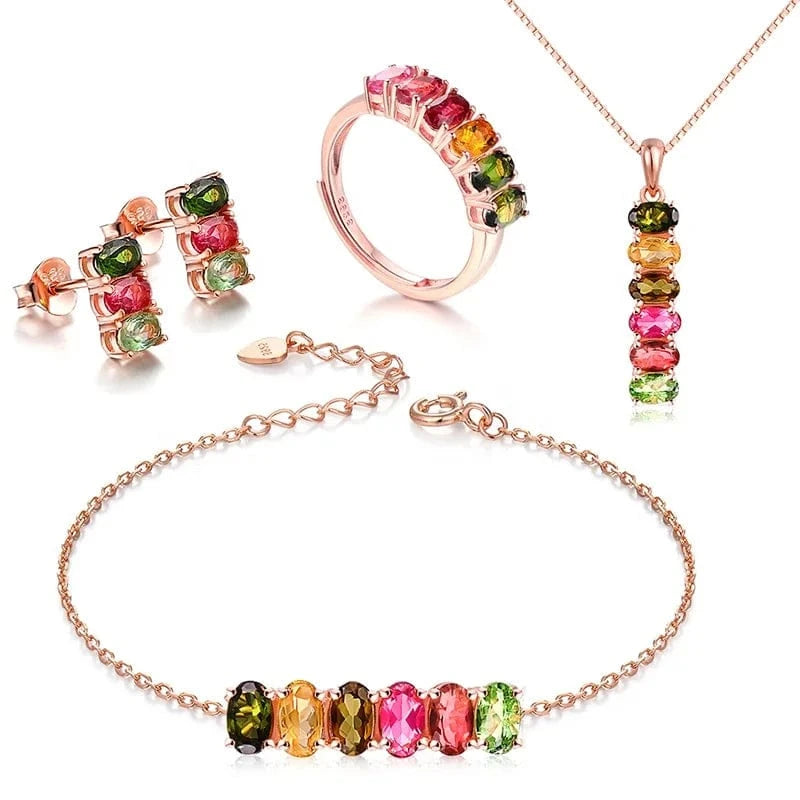 V006 Multi-Color Oval Gemstone Tourmaline 925 Sterling Silver Earrings Ring Bracelet And Necklace Jewelry Set For Women
