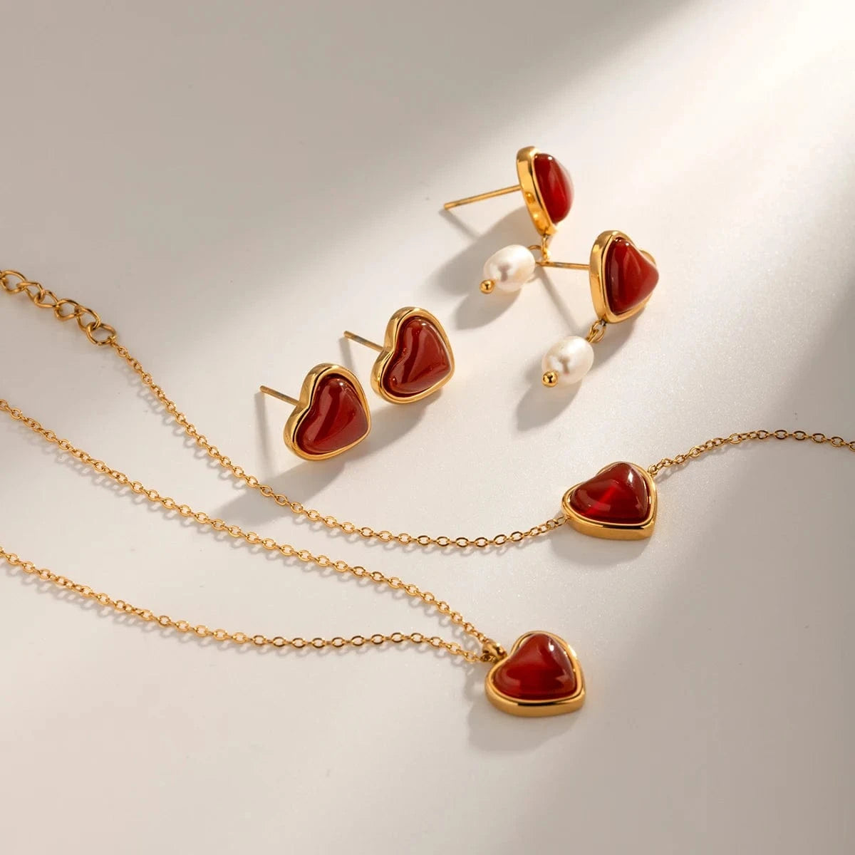Valentine day couple gift jewelry Red agate natural healing stone love heart pendent necklace bracelet earring jewelry set