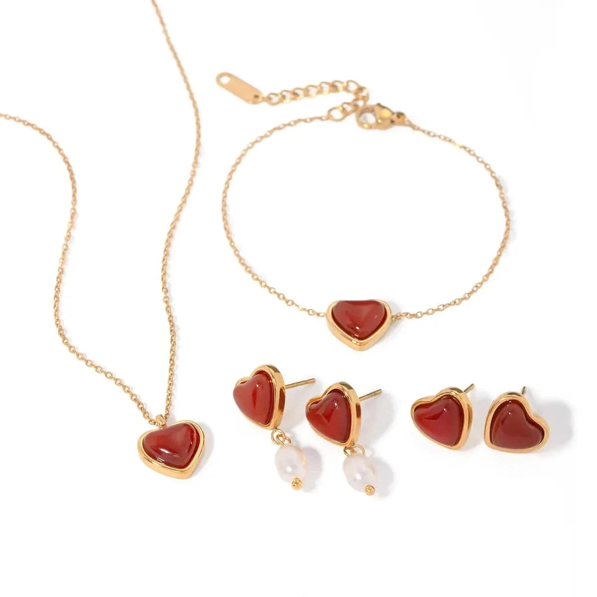 Valentine day couple gift jewelry Red agate natural healing stone love heart pendent necklace bracelet earring jewelry set