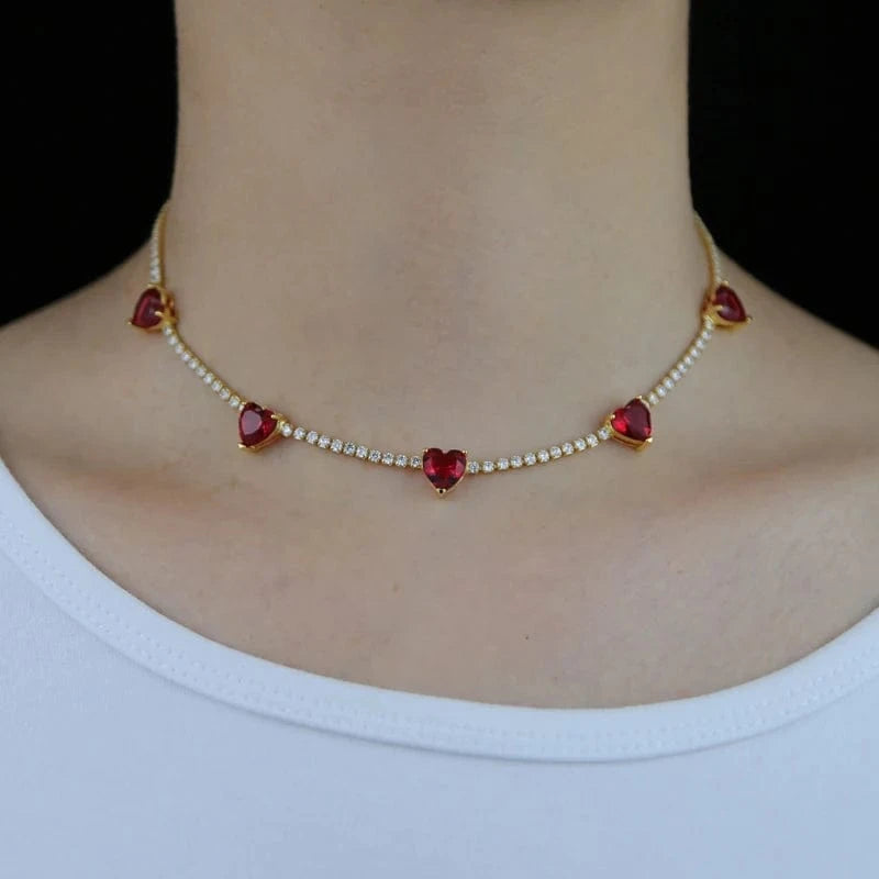 Valentine's Day Gift Fashion Colorful Heart Pink White High Quality Iced Out Bling CZ Tennis Chain Heart Necklace Women Jewelry
