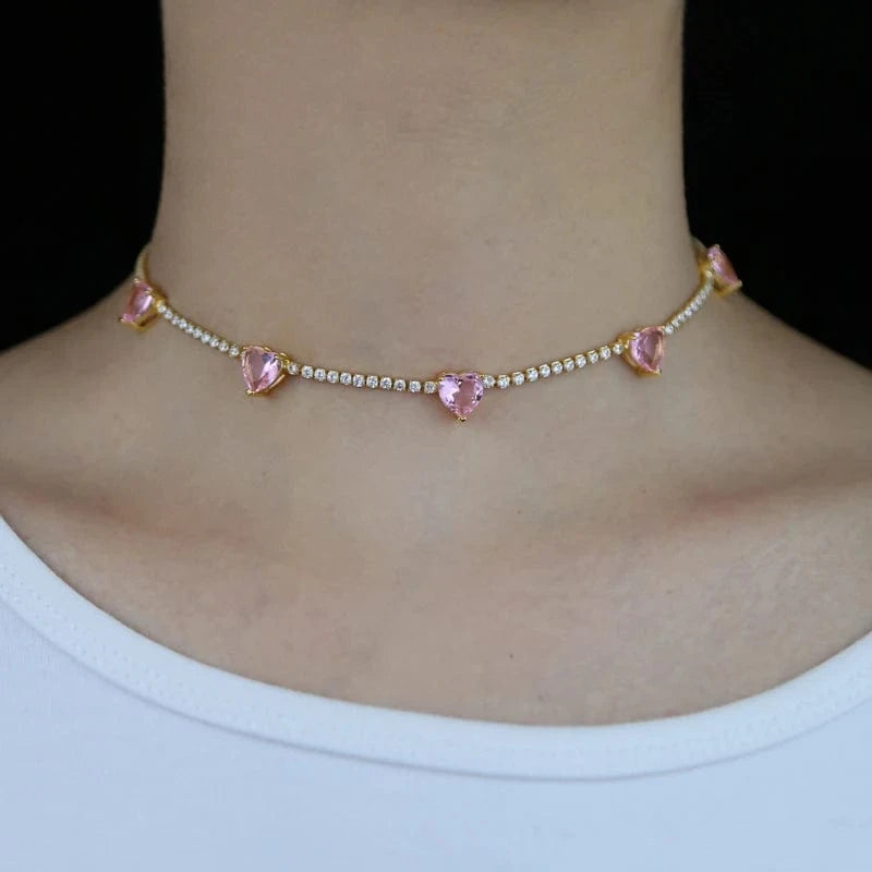 Valentine's Day Gift Fashion Colorful Heart Pink White High Quality Iced Out Bling CZ Tennis Chain Heart Necklace Women Jewelry