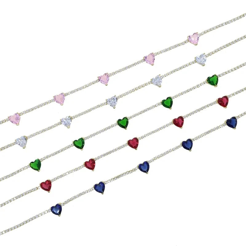 Valentine's Day Gift Fashion Colorful Heart Pink White High Quality Iced Out Bling CZ Tennis Chain Heart Necklace Women Jewelry