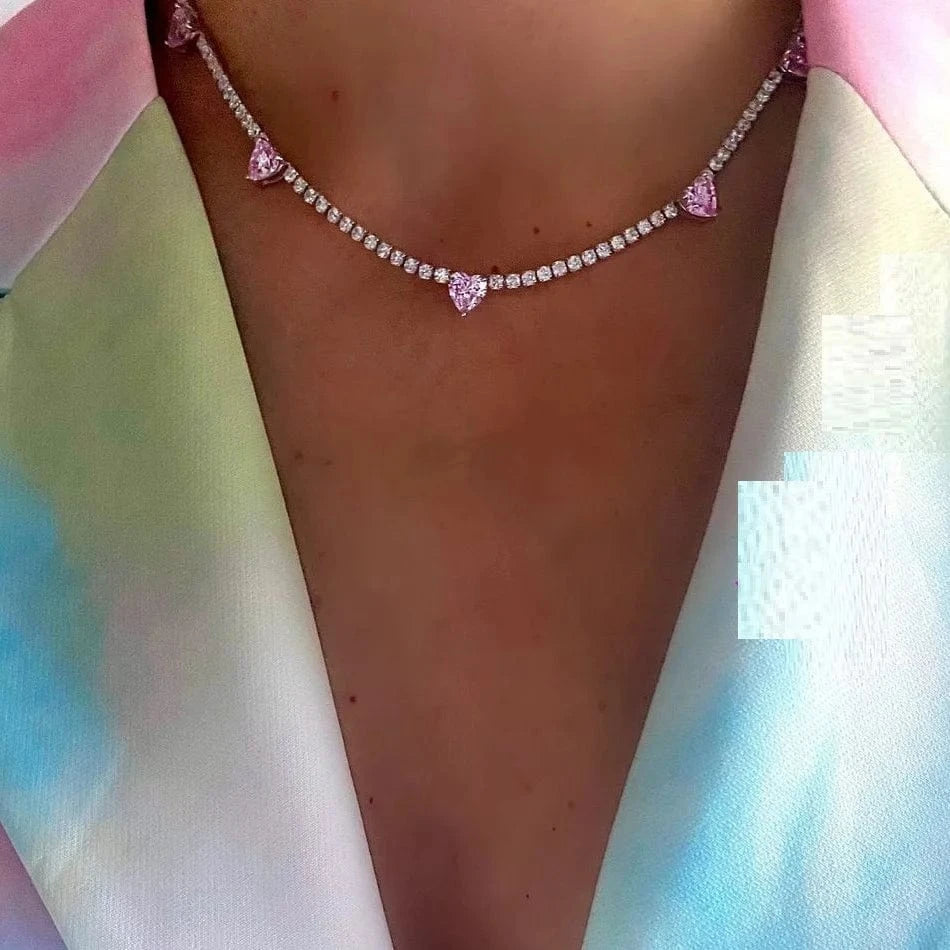 Valentine's Day Gift Fashion Colorful Heart Pink White High Quality Iced Out Bling CZ Tennis Chain Heart Necklace Women Jewelry