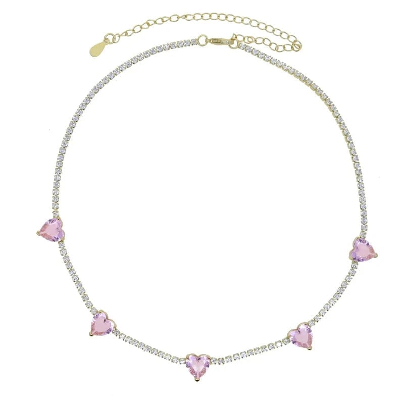 Valentine's Day Gift Fashion Colorful Heart Pink White High Quality Iced Out Bling CZ Tennis Chain Heart Necklace Women Jewelry