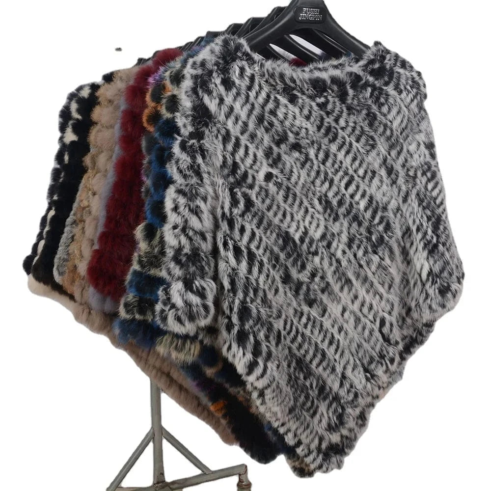 Various Colors Fur Poncho Stretchy Soft Knitted  Rex Rabbit Fur Shawls for Lady