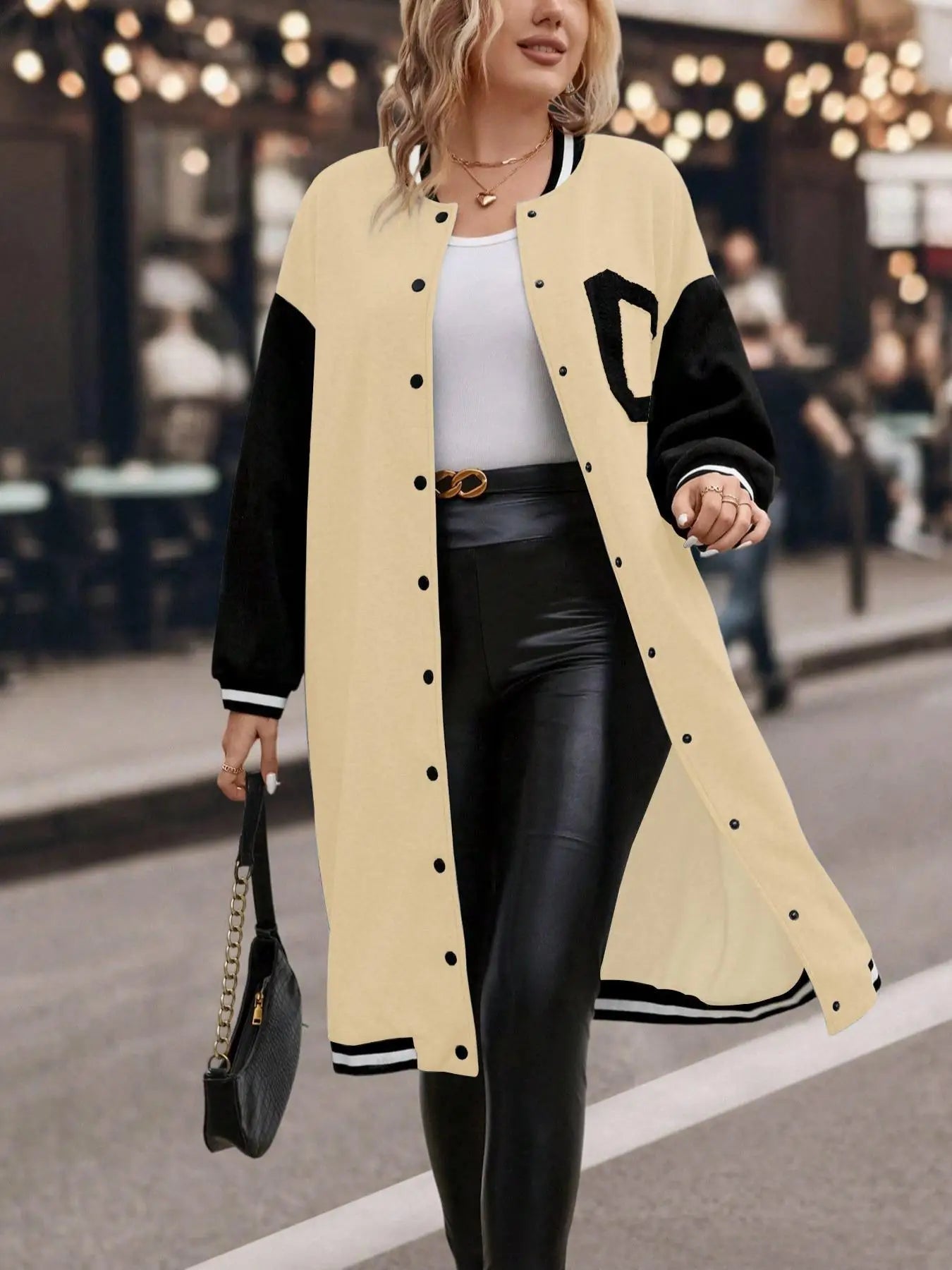 Varsity Jacket + Colorblock Letter Print Button Front Drop Shoulder Midi + Casual Style - SN Wigs & More