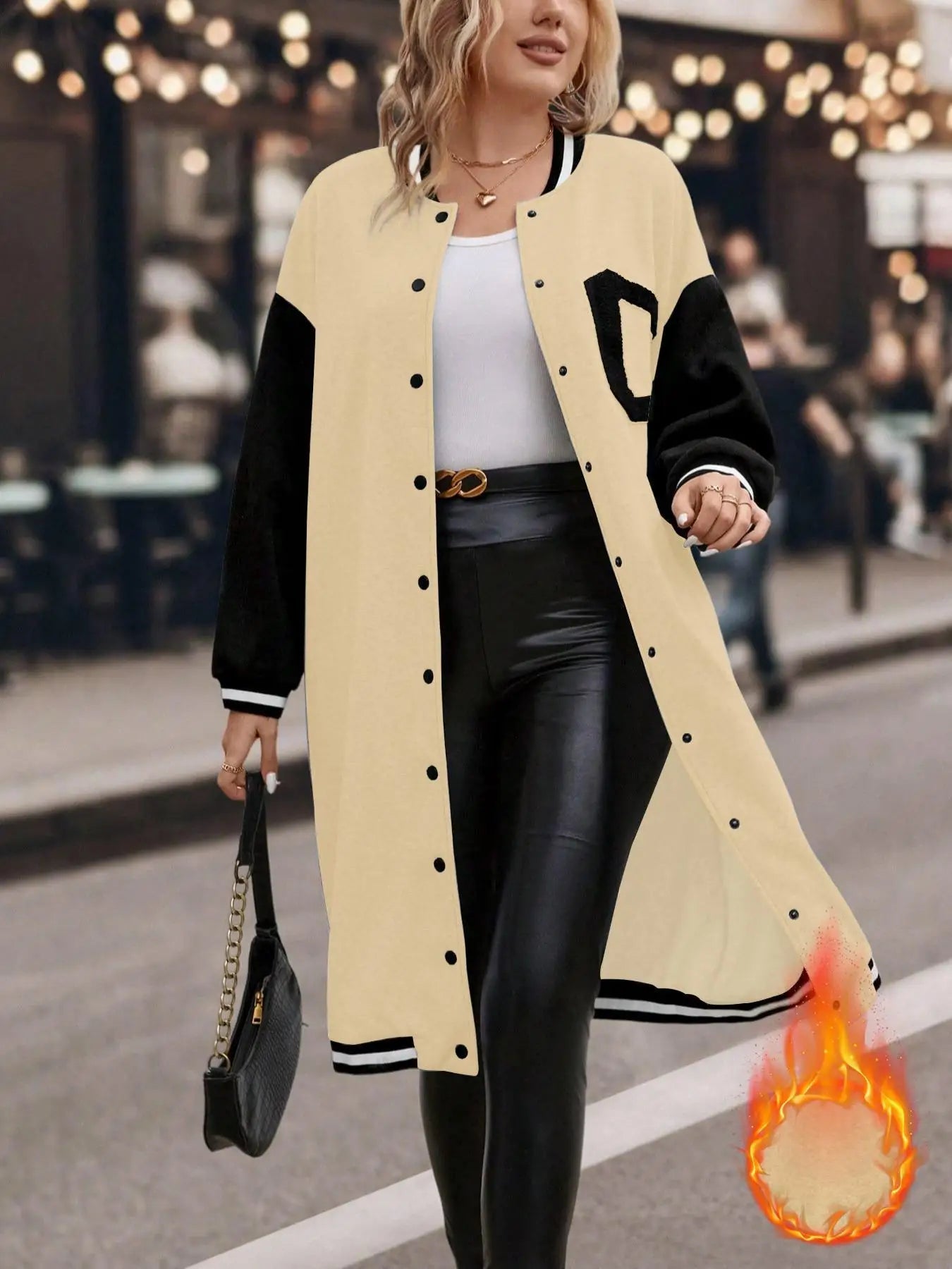 Varsity Jacket + Colorblock Letter Print Button Front Drop Shoulder Midi + Casual Style - SN Wigs & More
