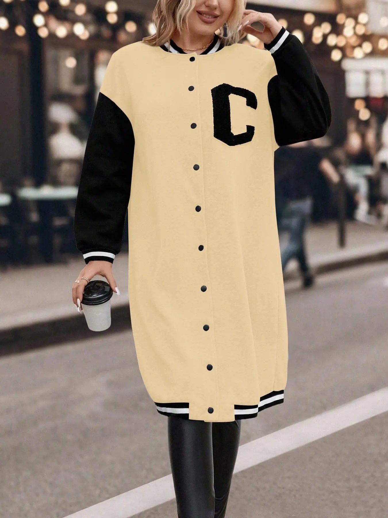 Varsity Jacket + Colorblock Letter Print Button Front Drop Shoulder Midi + Casual Style - SN Wigs & More