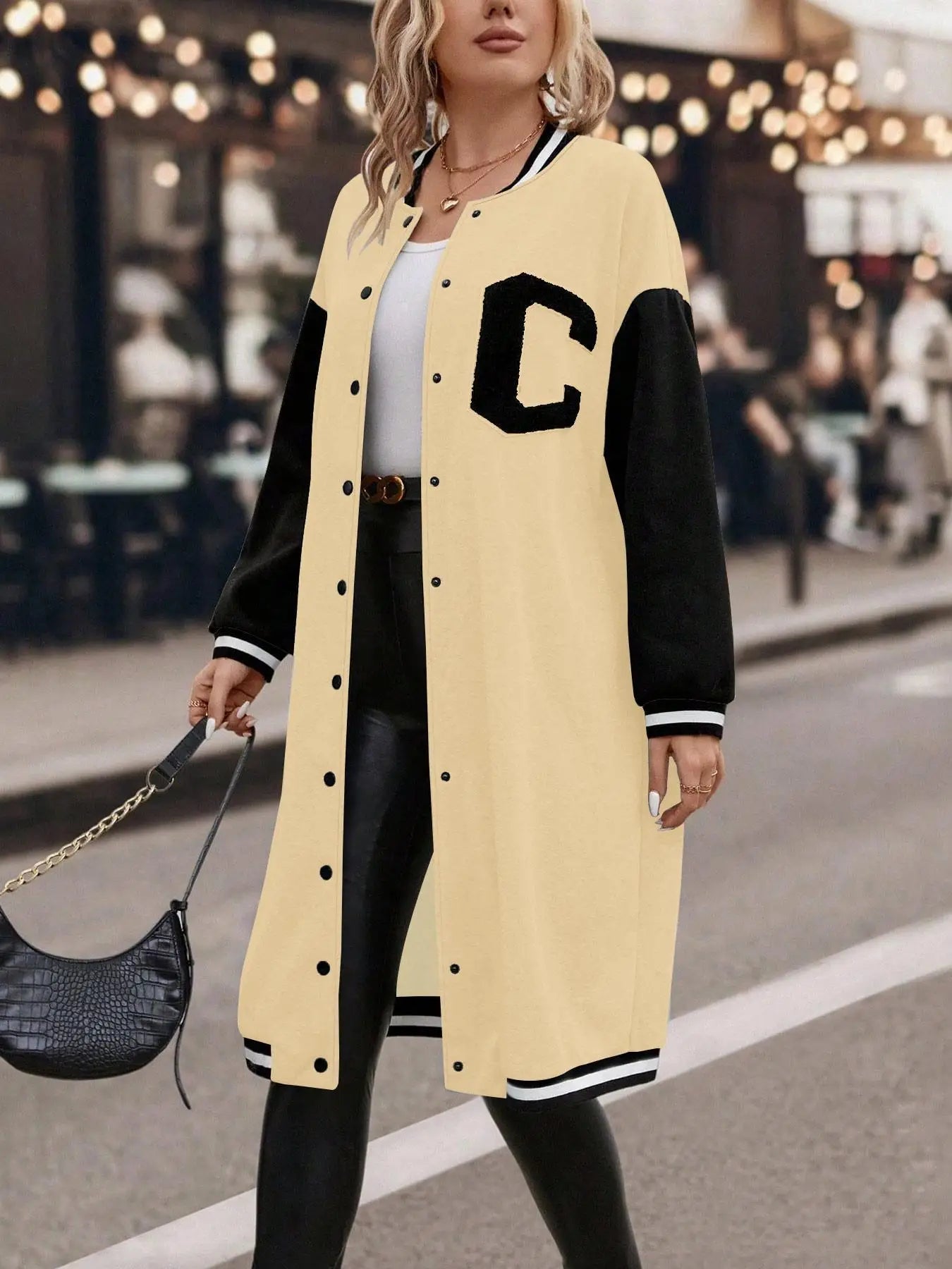 Varsity Jacket + Colorblock Letter Print Button Front Drop Shoulder Midi + Casual Style - SN Wigs & More