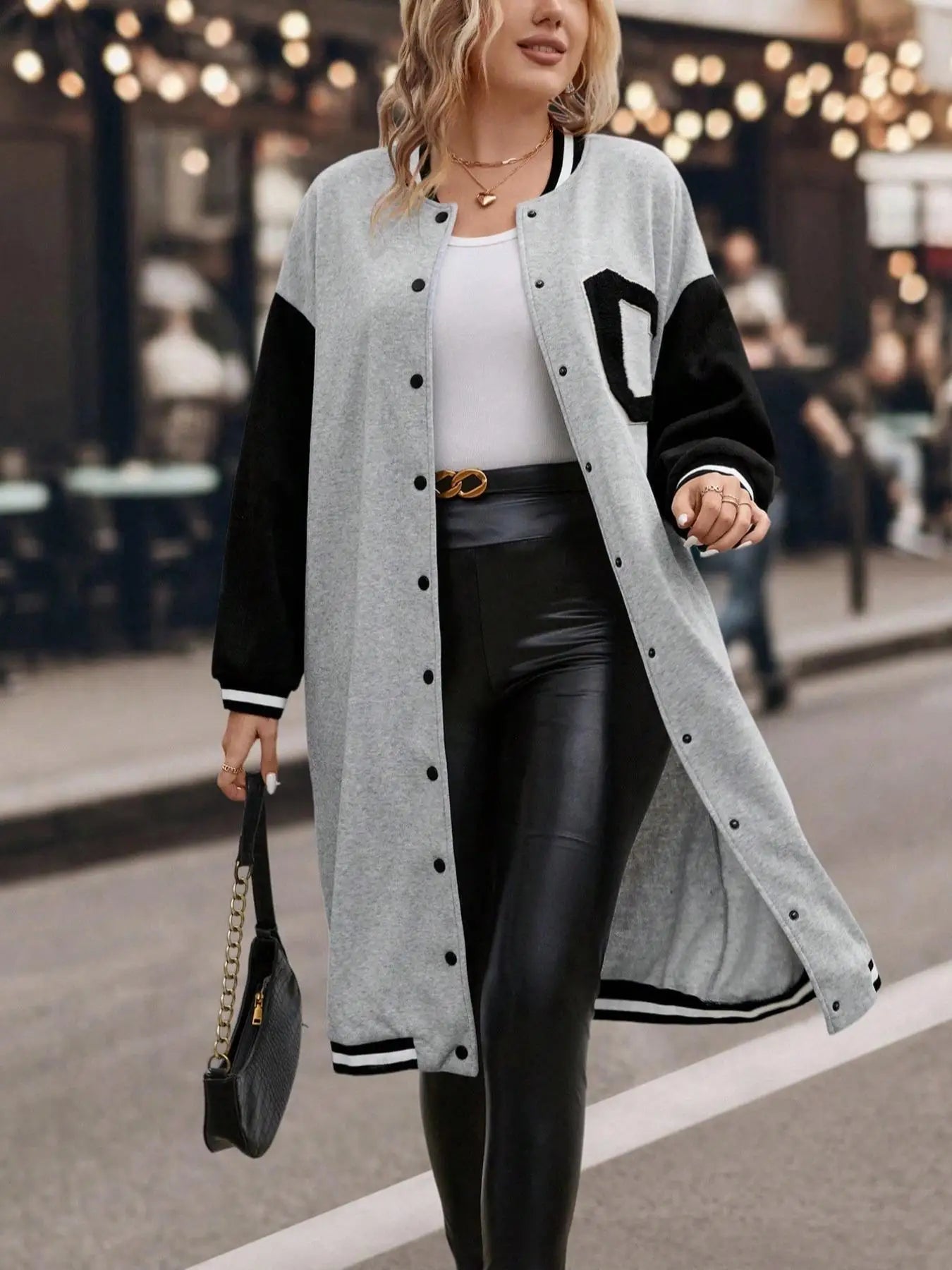 Varsity Jacket + Colorblock Letter Print Button Front Drop Shoulder Midi + Casual Style - SN Wigs & More