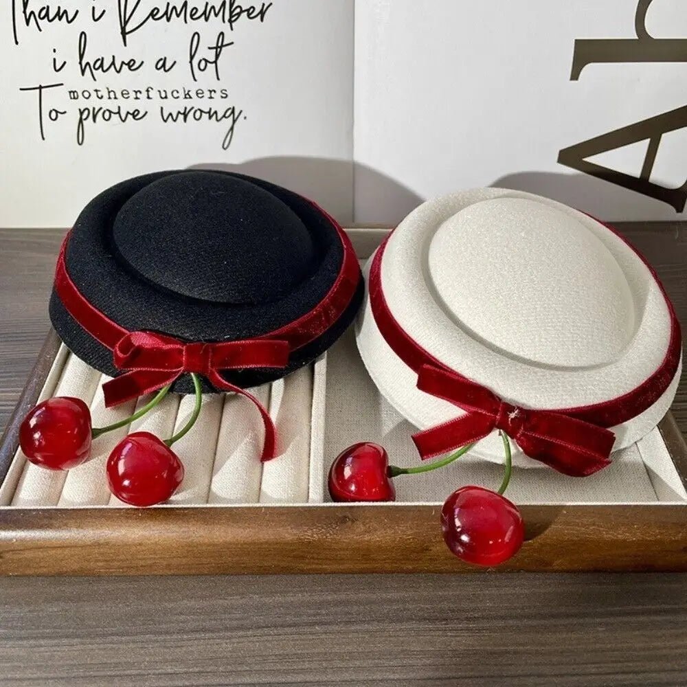 Velvet Beanie Hat + Bow Tie Hair Clip, Cherry Accent, And Soft Knit + French Style - SN Wigs & More