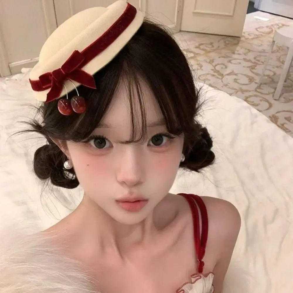 Velvet Beanie Hat + Bow Tie Hair Clip, Cherry Accent, And Soft Knit + French Style - SN Wigs & More